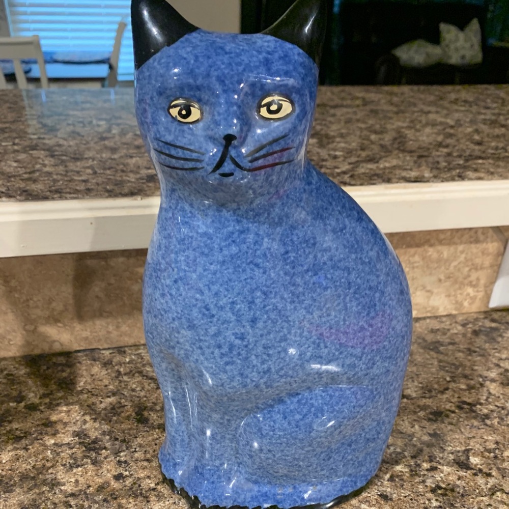 Vintage Cobalt Calico Porcelain Cat Figurine